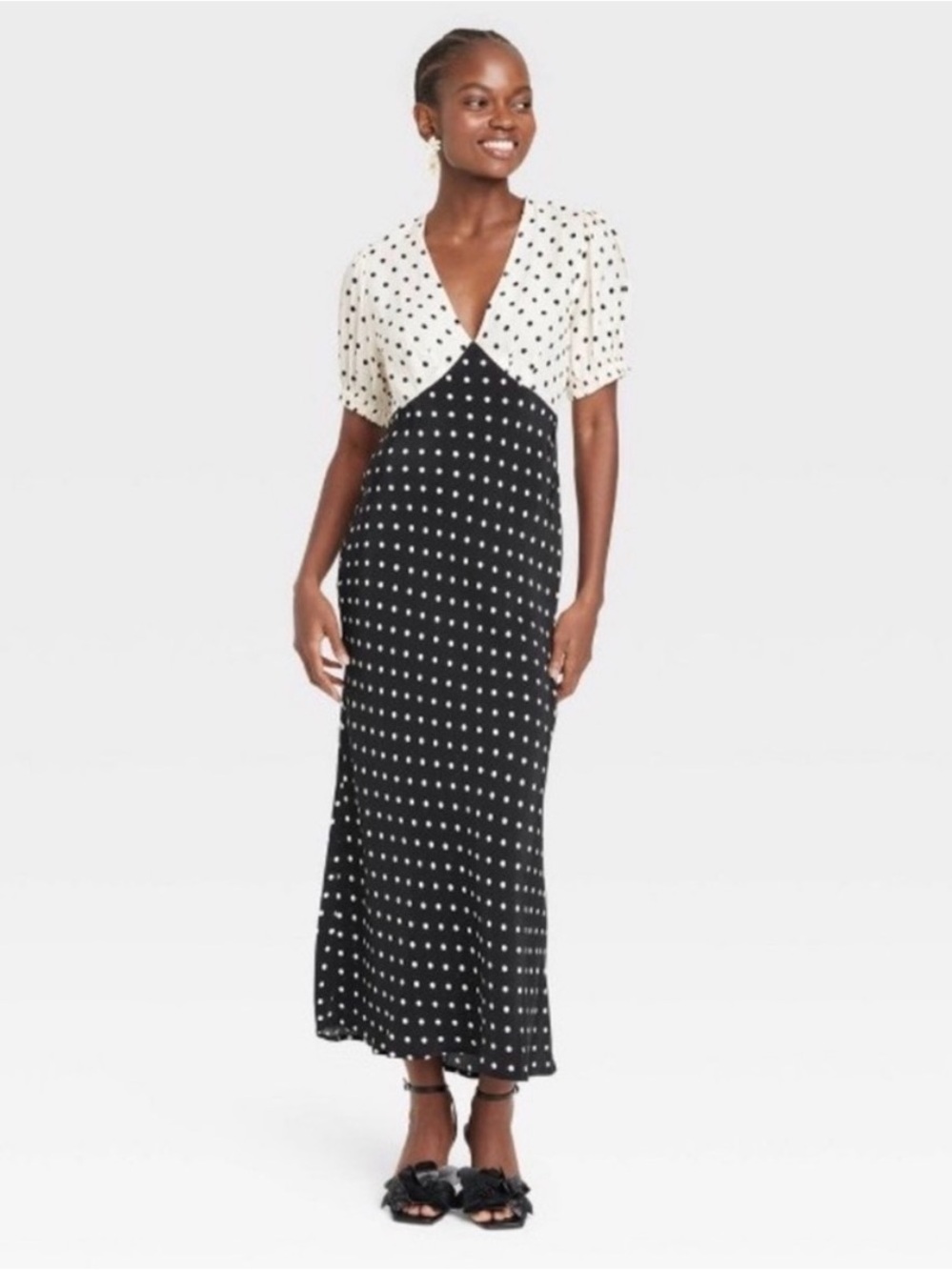 a new day Black and White Polka Dot V-Neck Maxi Dress